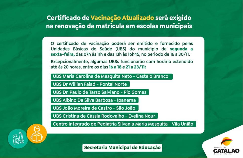 Certificado de Vacinação Atualizado será exigido por escolas municipais no ato da matrícula
