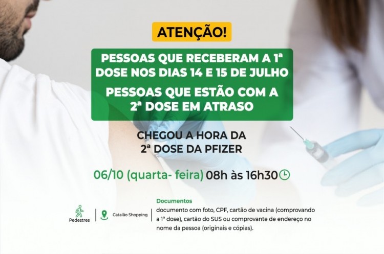 Segunda dose PFIZER: saúde aplicará reforço nesta quarta para quem tomou a primeira dose nos dias 14 e 15 de Julho