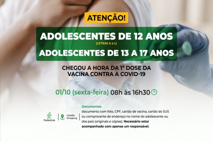 Catalão seguirá vacinando jovens de 12 anos (Letras A a L) até 17 anos