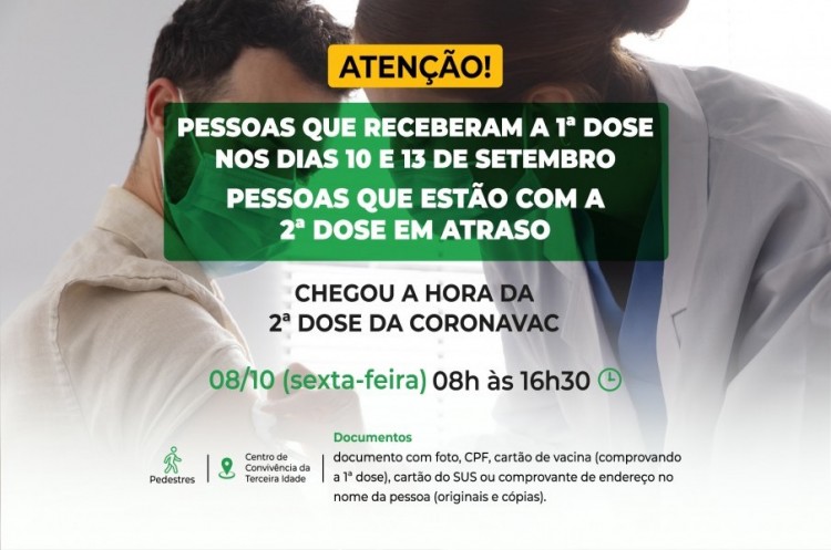 Segunda dose CORONAVAC: saúde aplicará vacina nesta sexta para quem tomou a primeira dose nos dias 10 e 13 de Setembro