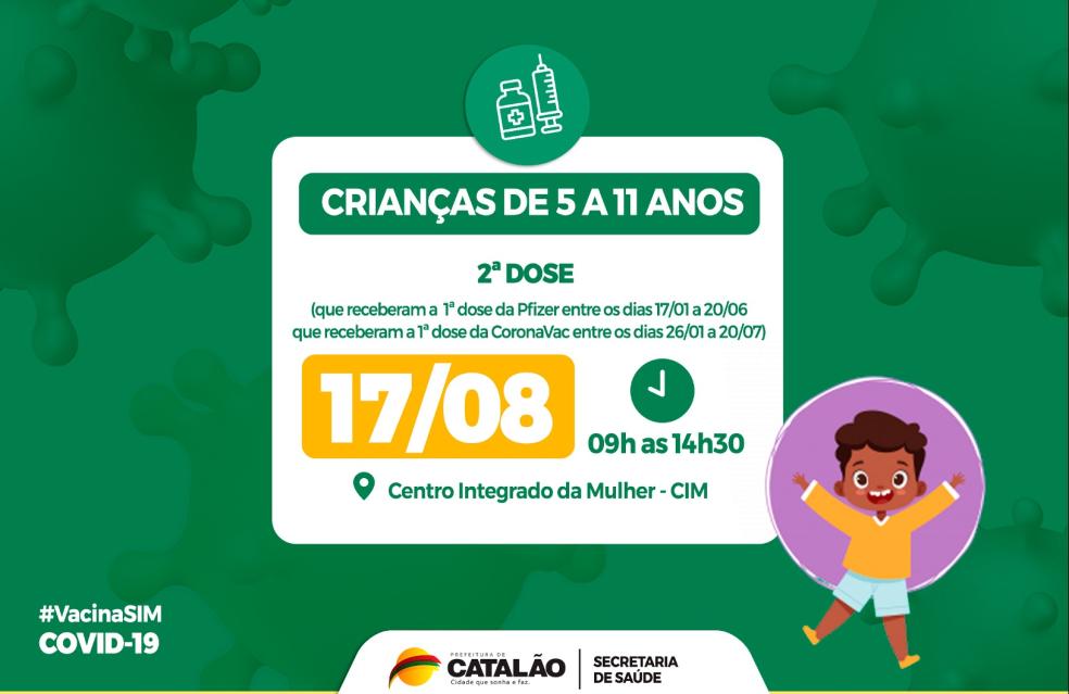 Saúde convoca crianças de 5 a 11 anos para receberem a 2ª dose da vacina pediátrica.