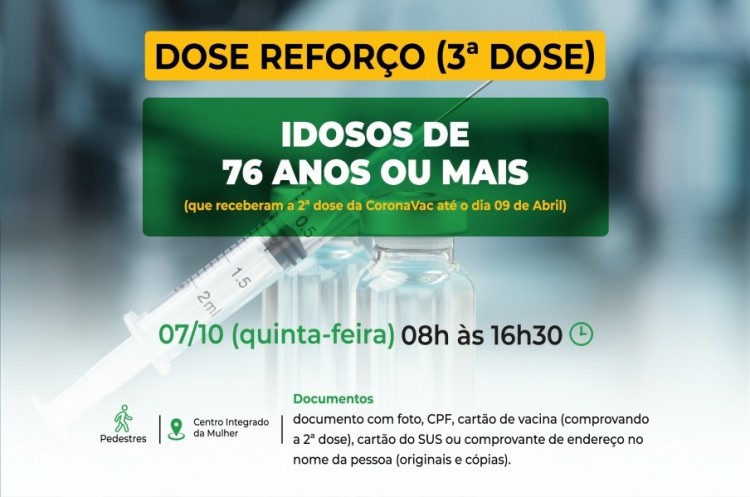 Saúde convoca idosos com 76 anos ou mais para receberem a terceira dose da vacina contra o coronavírus