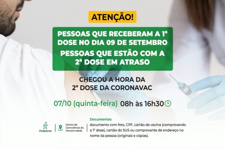 Segunda dose CORONAVAC: saúde aplicará reforço nesta quinta para quem tomou a primeira dose no dia 09 de Setembro