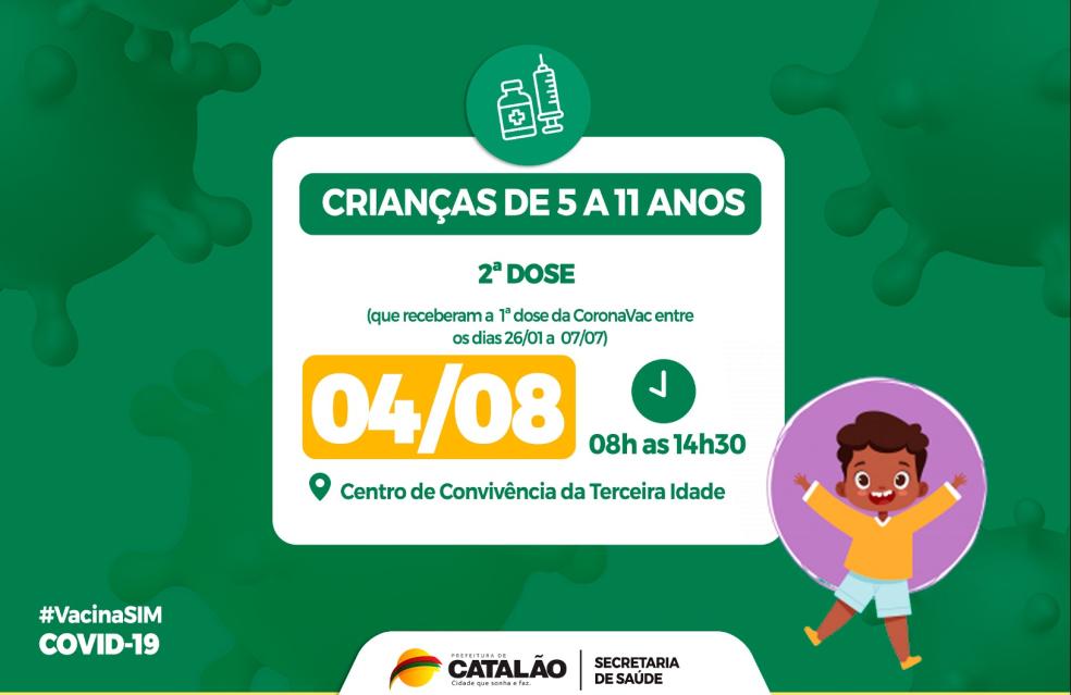 Saúde convoca crianças de 5 a 11 anos para receberem a segunda dose da vacina pediátrica.