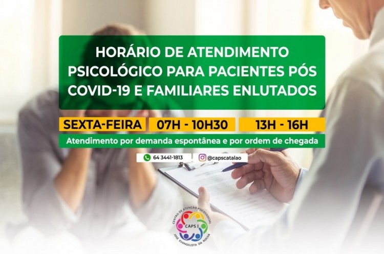 CAPS oferecerá atendimento psicológico gratuito para pacientes pós covid-19 e familiares enlutados