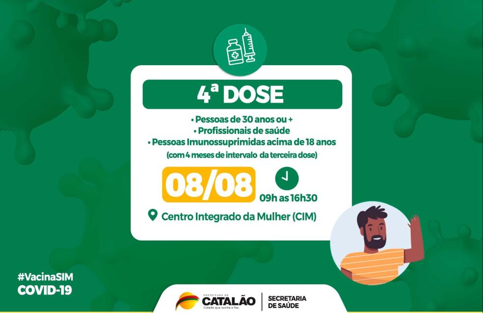 Saúde convoca pessoas de 30 anos ou mais, profissionais de saúde e imunossuprimidos para receberem a 4ª dose.