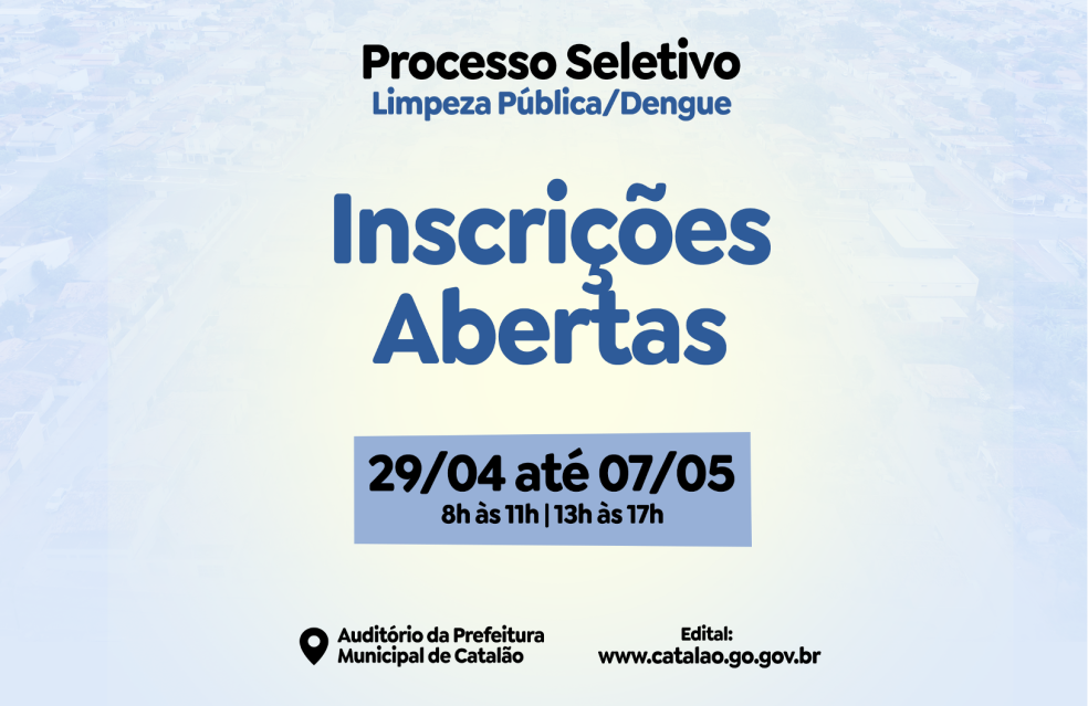OPORTUNIDADE DE TRABALHO: Estão abertas as inscrições para contração de pessoal que vai reforçar o combate ao mosquito transmissor da dengue em Catalão.