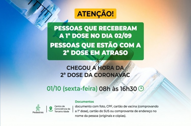 Saúde aplicará reforço nesta sexta para quem tomou a primeira dose no dia 02 de Setembro
