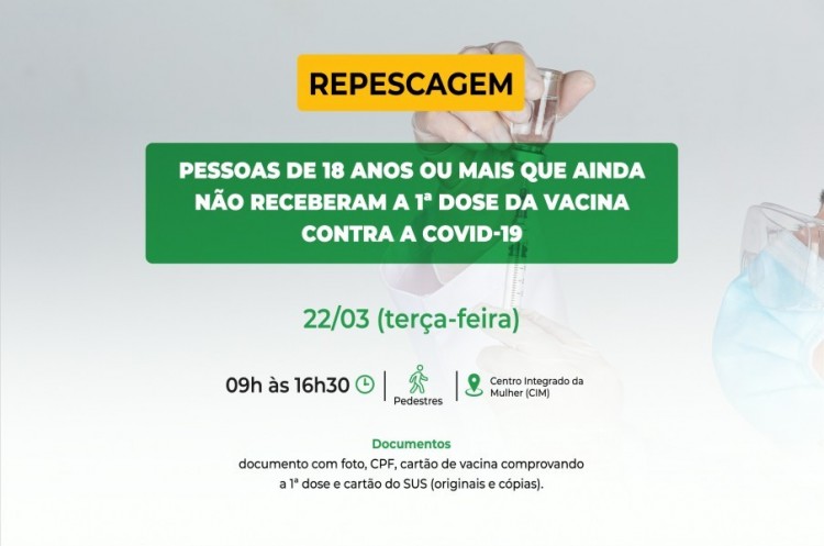 Repescagem: Saúde convoca população de 18 anos ou mais para receber a primeira dose