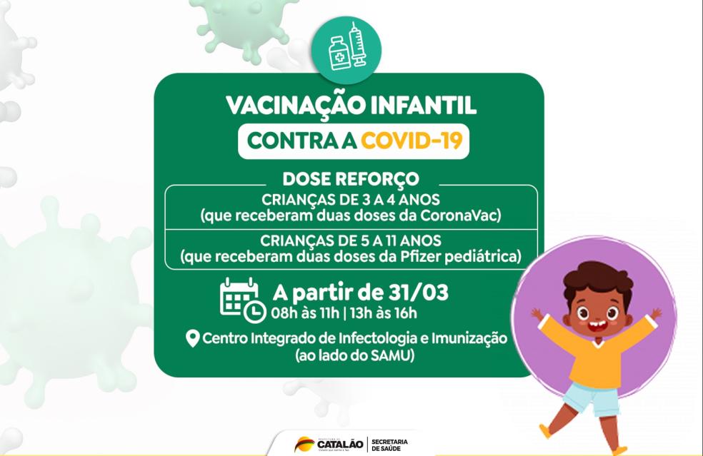 Saúde de Catalão convoca crianças de 3 a 11 anos para receberem a dose reforço da vacina pediátrica