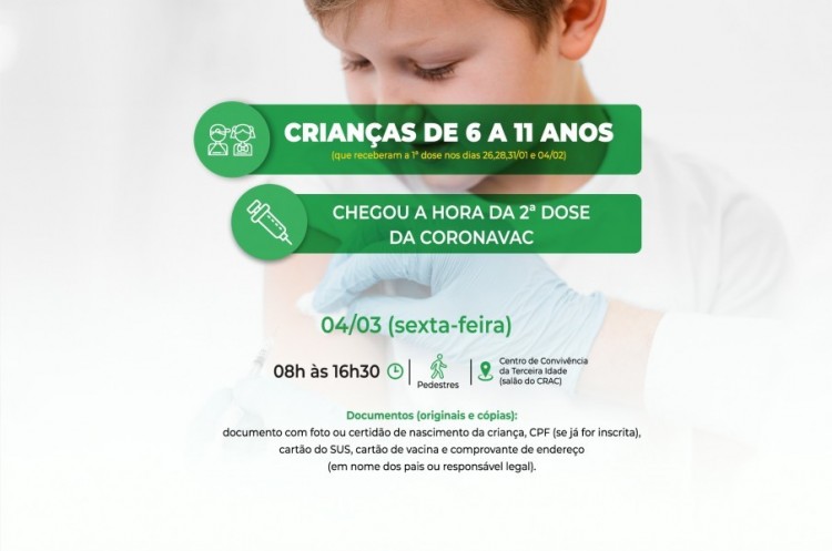 Covid-19: Saúde convoca crianças de 6 a 11 anos para receberem a segunda dose da Coronavac 