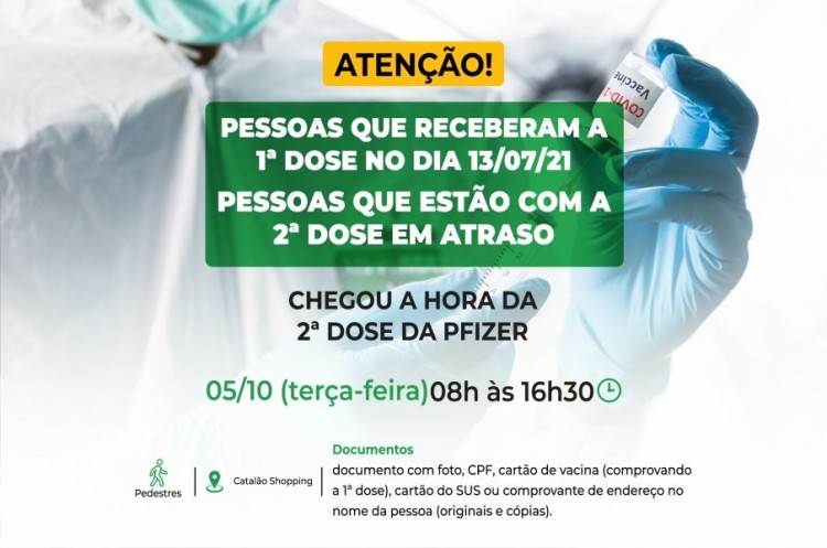Segunda dose PFIZER: saúde aplicará reforço nesta terça para quem tomou a primeira dose no dia 13 de Julho