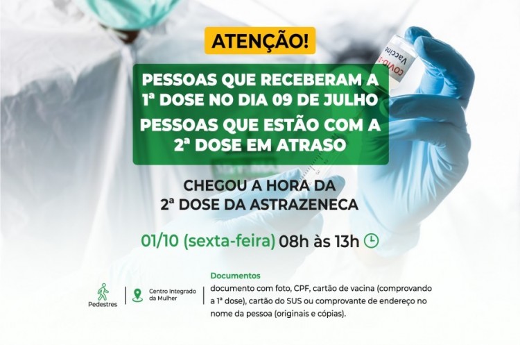 Saúde aplicará reforço nesta sexta para quem tomou a primeira dose no dia 09 de Julho